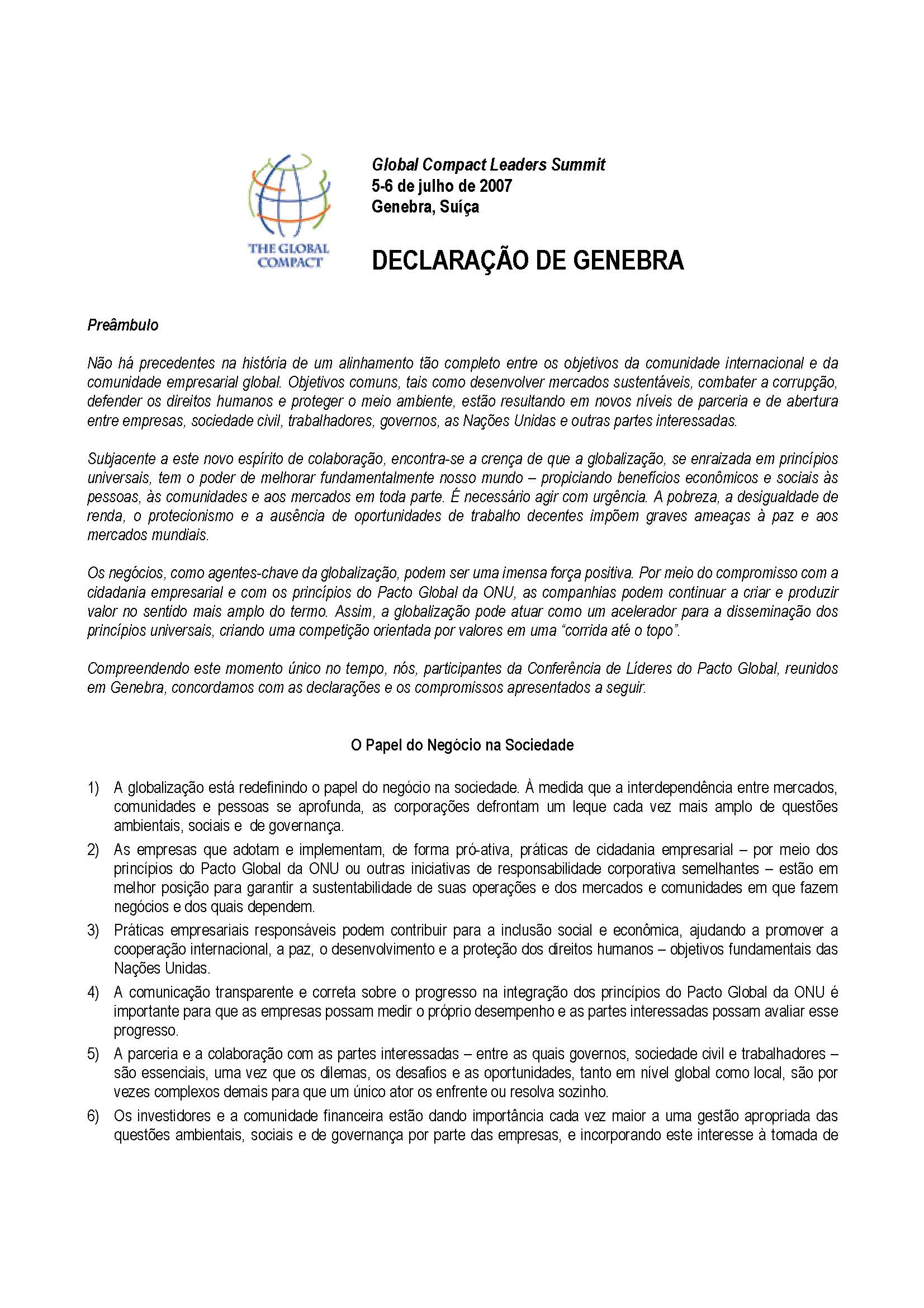 declaracao genebra global compact leaders summit 2007