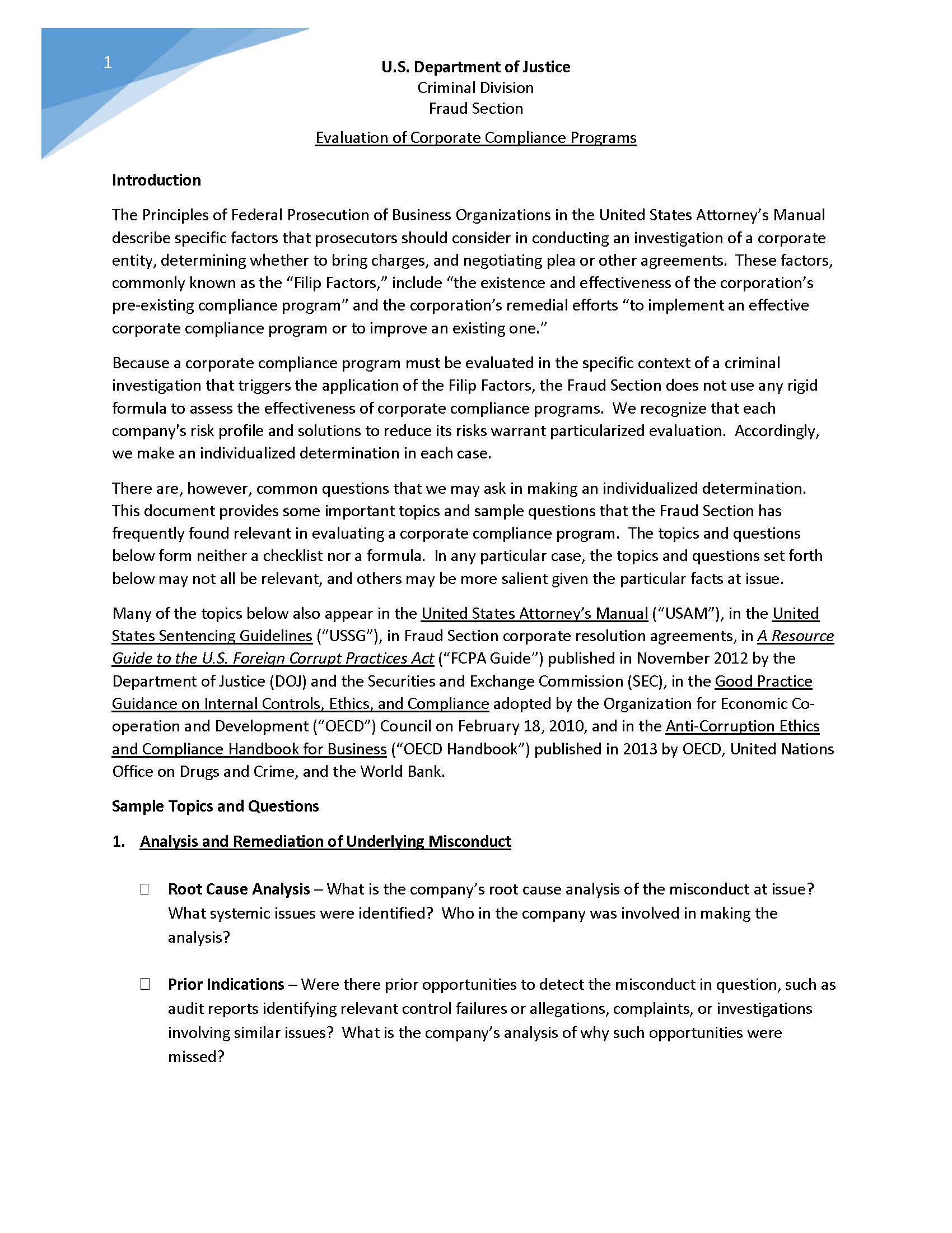 evaluation of corporate compliance programs 1 1
