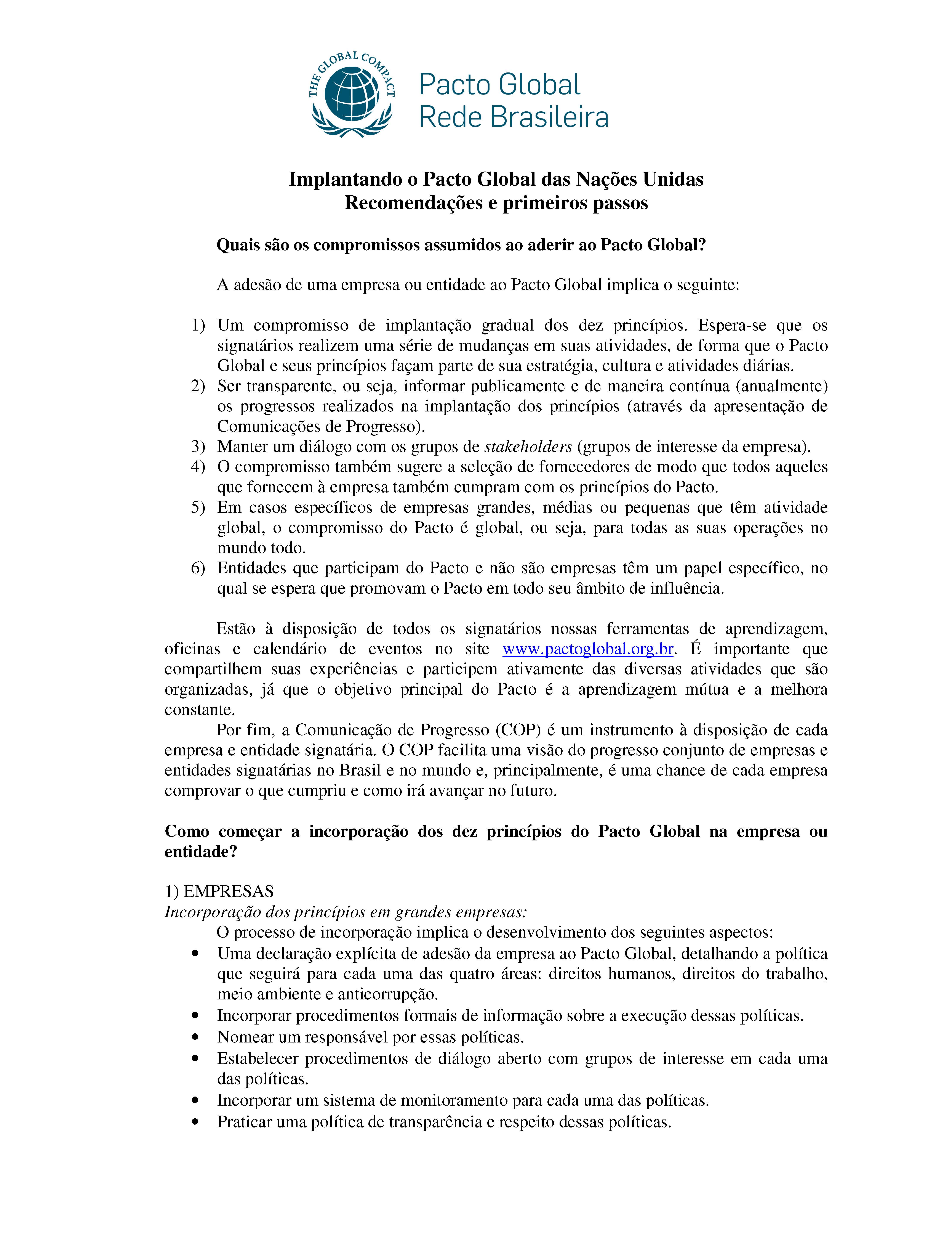 pacto global nacoes unidas primeiros passos do pacto global