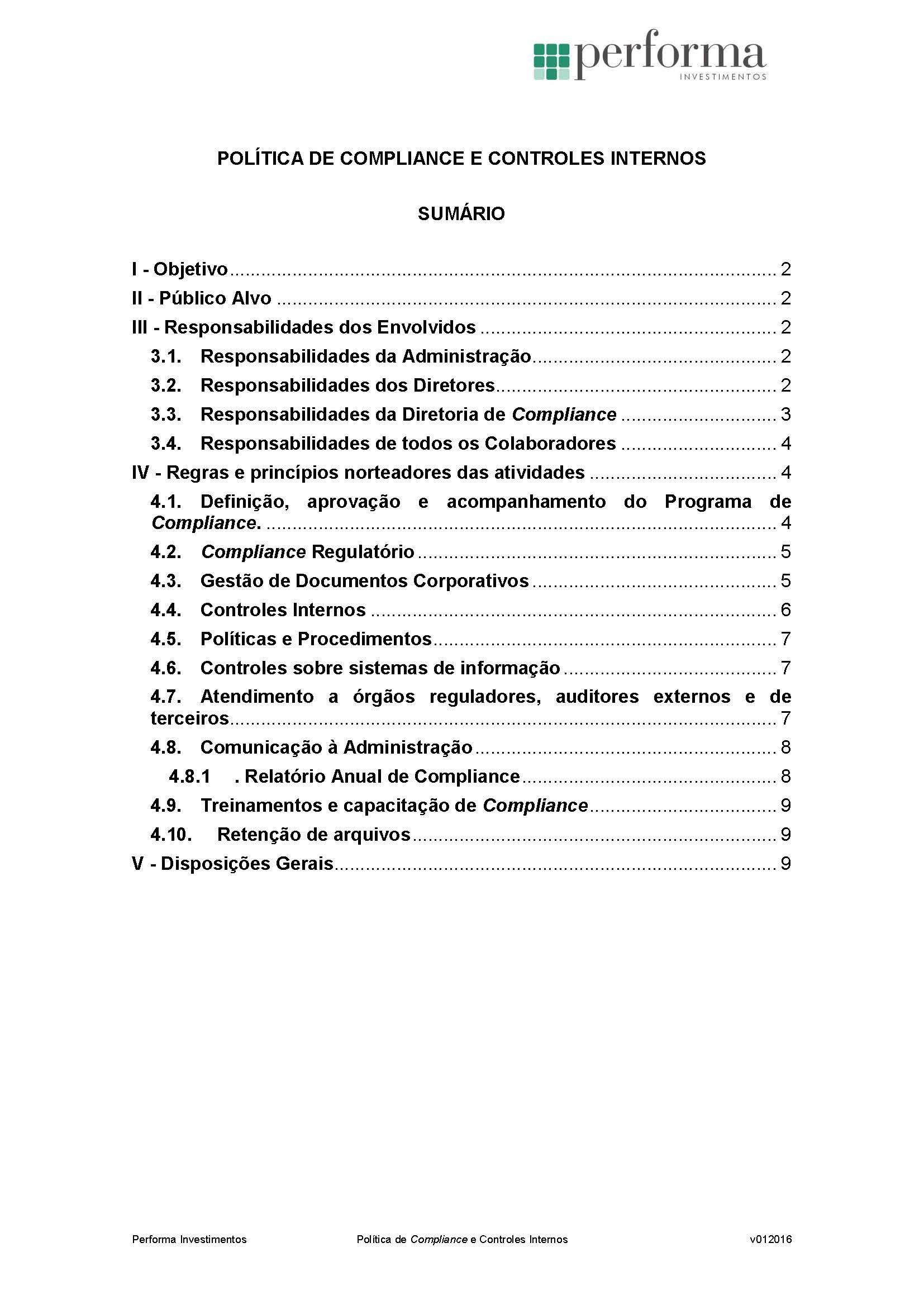 politica de compliance e controles internos performa