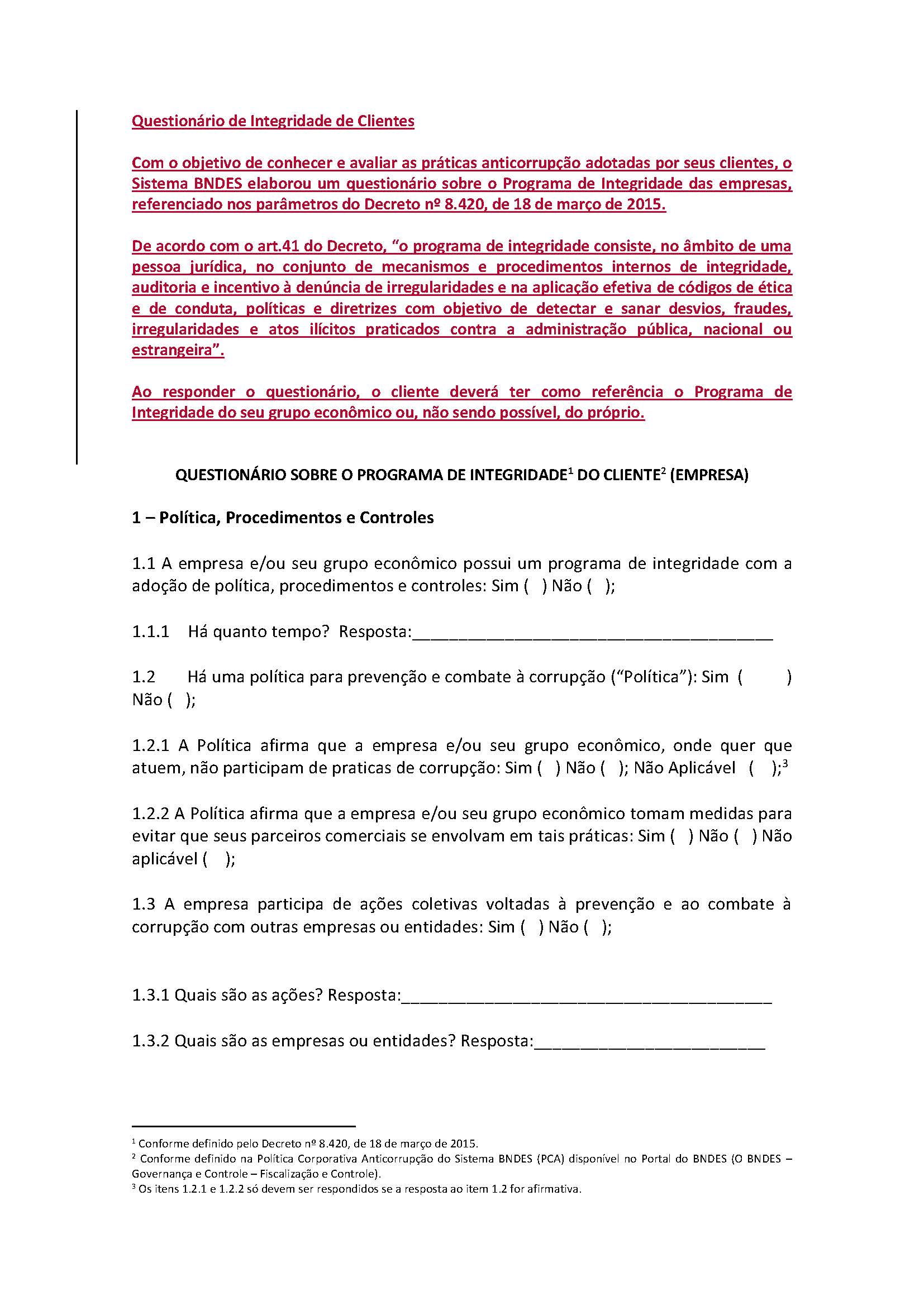 questionario integridade cliente bndes